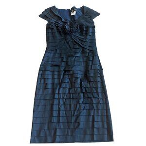 Tadashi Shoji Navy Tiered Sheath Dress Rosette V-Neck Short Sleeve Size 10 Women